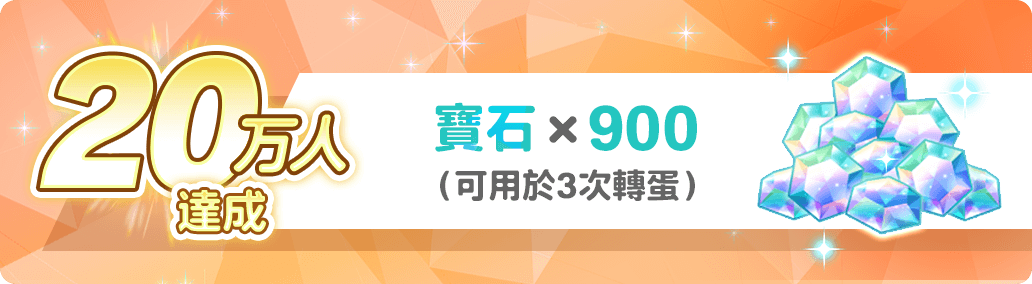 20萬人達成 寶石×900（可用於3次轉蛋）